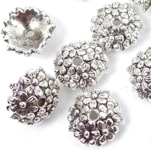 25 Antique Silver Pewter Flower Bead Caps 11mm